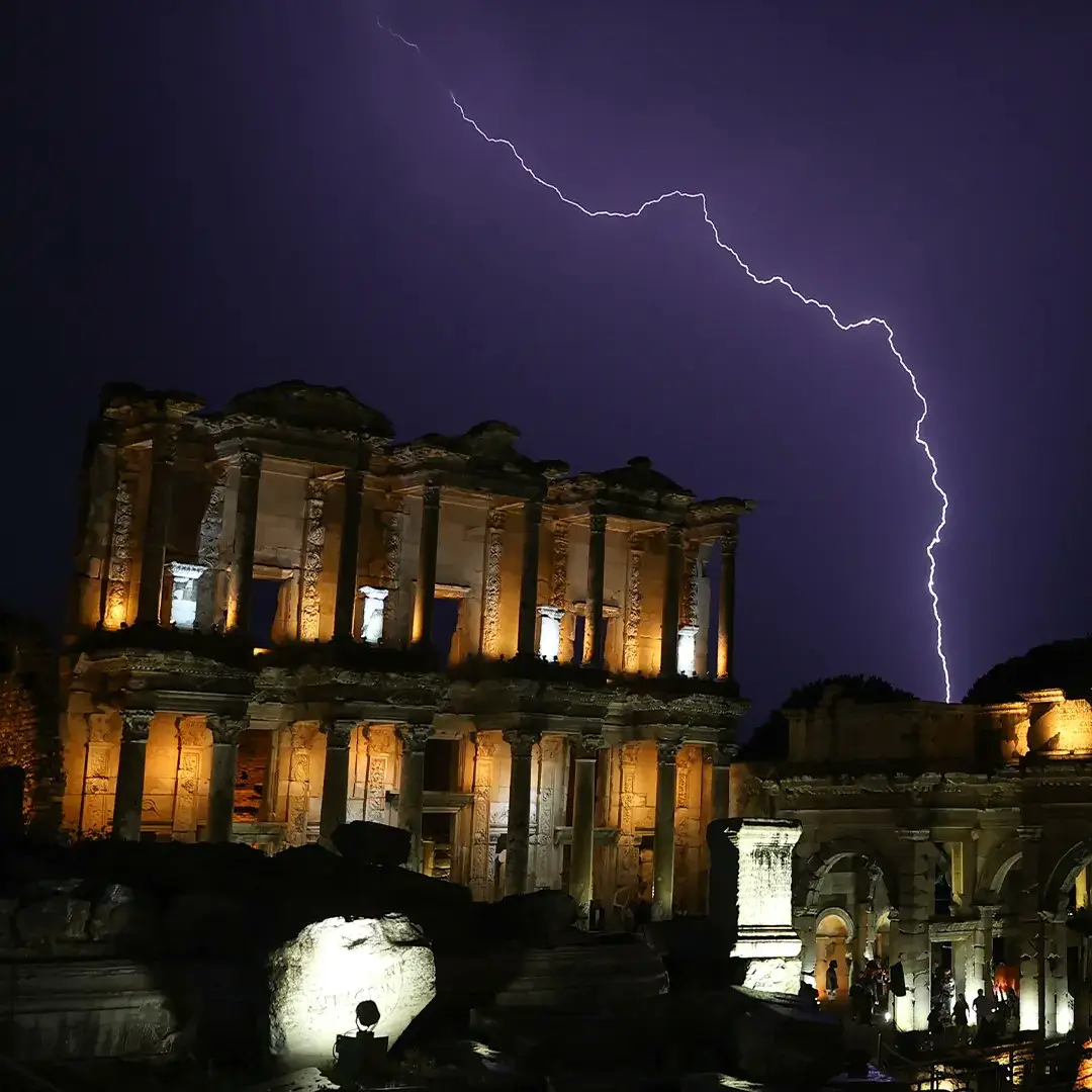 library of Celsus, library of Celsus night, ephesus, ancient city, ancient ruins, lightening