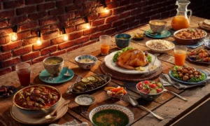 A sumptuous Iftar spread set against a rustic brick backdrop, illuminated by warm string lights. The table boasts an array of traditional dishes: a steaming bowl of soup, a succulent roasted chicken on a bed of lettuce, vibrant mixed salads, hearty meat stew, rice pilaf, refreshing drinks, and more. Each dish invitingly beckons to break the day's fast, embodying the spirit and warmth of the first day Ramadan 2024.