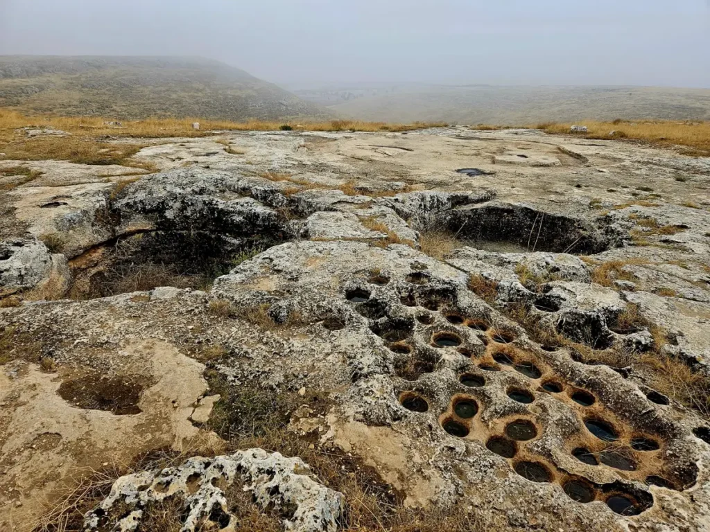 Landscape image of an ancient limestone bedrock with a series of man-made circular depressions, likely used for grinding grain or other processes in a historical context. The surface exhibits weathering and lichen growth, indicating significant age. The bedrock is situated in a grassy field with a hazy, mountainous horizon in the background, suggesting a remote, high-altitude location. This archaeological feature provides insights into the daily activities and ingenuity of past civilizations.