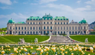 belvedere palace austria front facade and green gardens